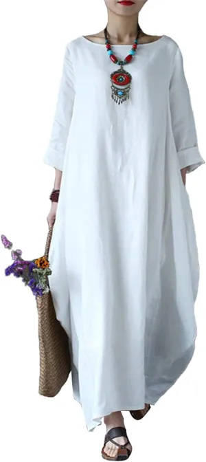 Celmia Autumn Solid Loose Long Maxi Dress Cotton Caftan
