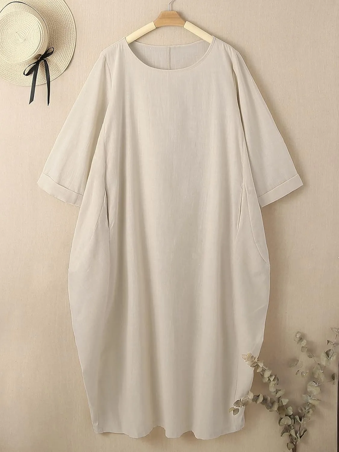 Celmia Autumn Solid Loose Long Maxi Dress Cotton Caftan