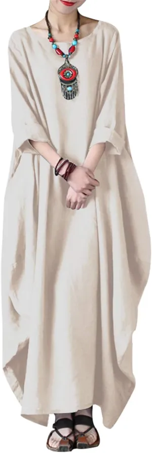 Celmia Autumn Solid Loose Long Maxi Dress Cotton Caftan