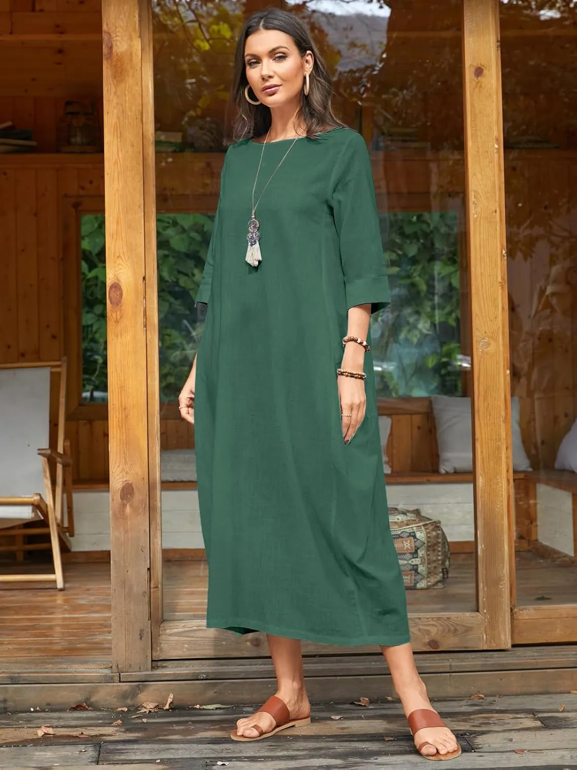 Celmia Autumn Solid Loose Long Maxi Dress Cotton Caftan