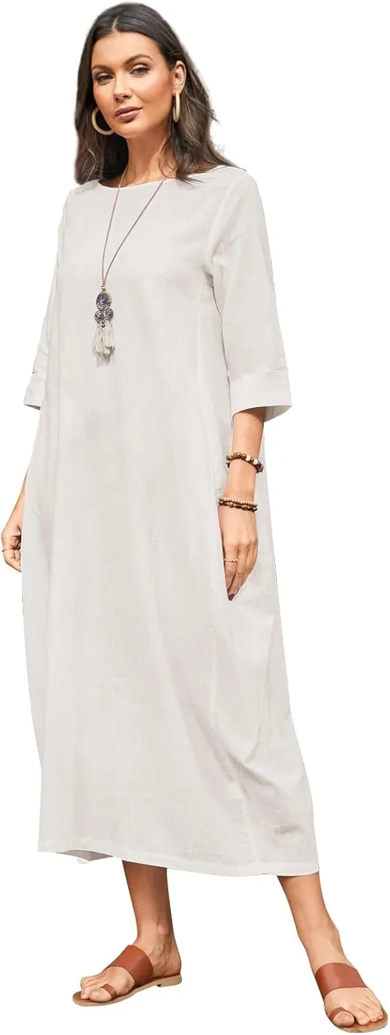 Celmia Autumn Solid Loose Long Maxi Dress Cotton Caftan
