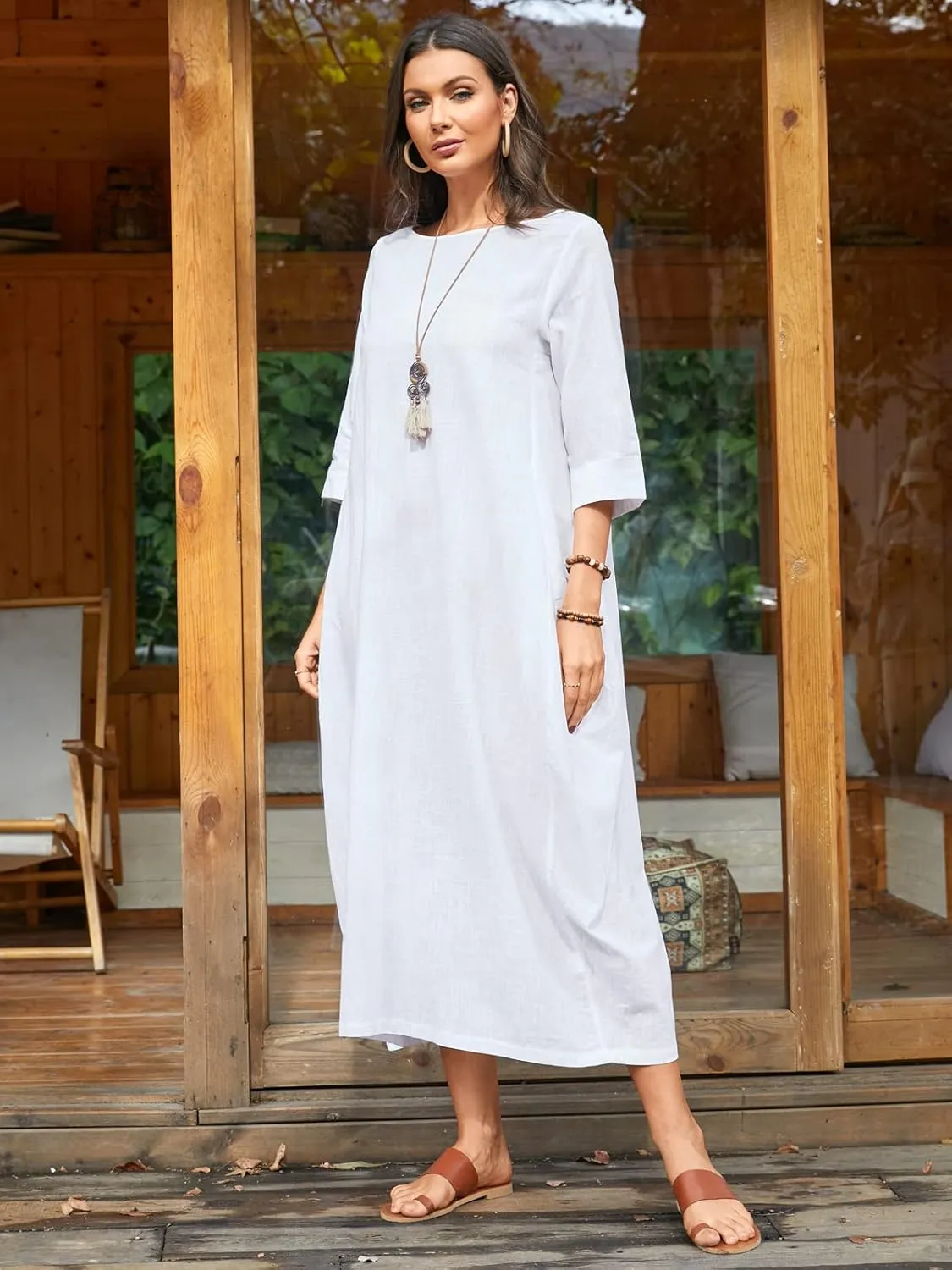 Celmia Autumn Solid Loose Long Maxi Dress Cotton Caftan