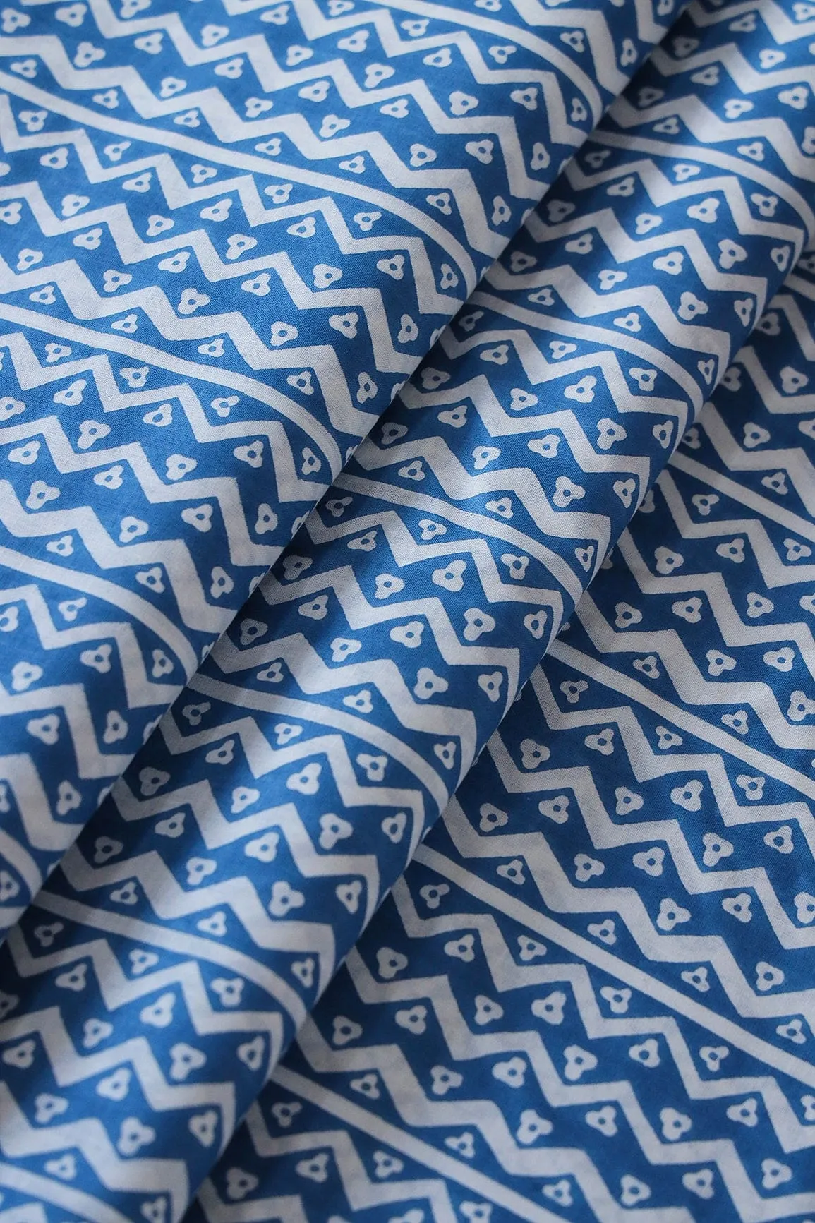 Cobalt Blue And White Chevron Pattern Print On Pure Cotton Fabric