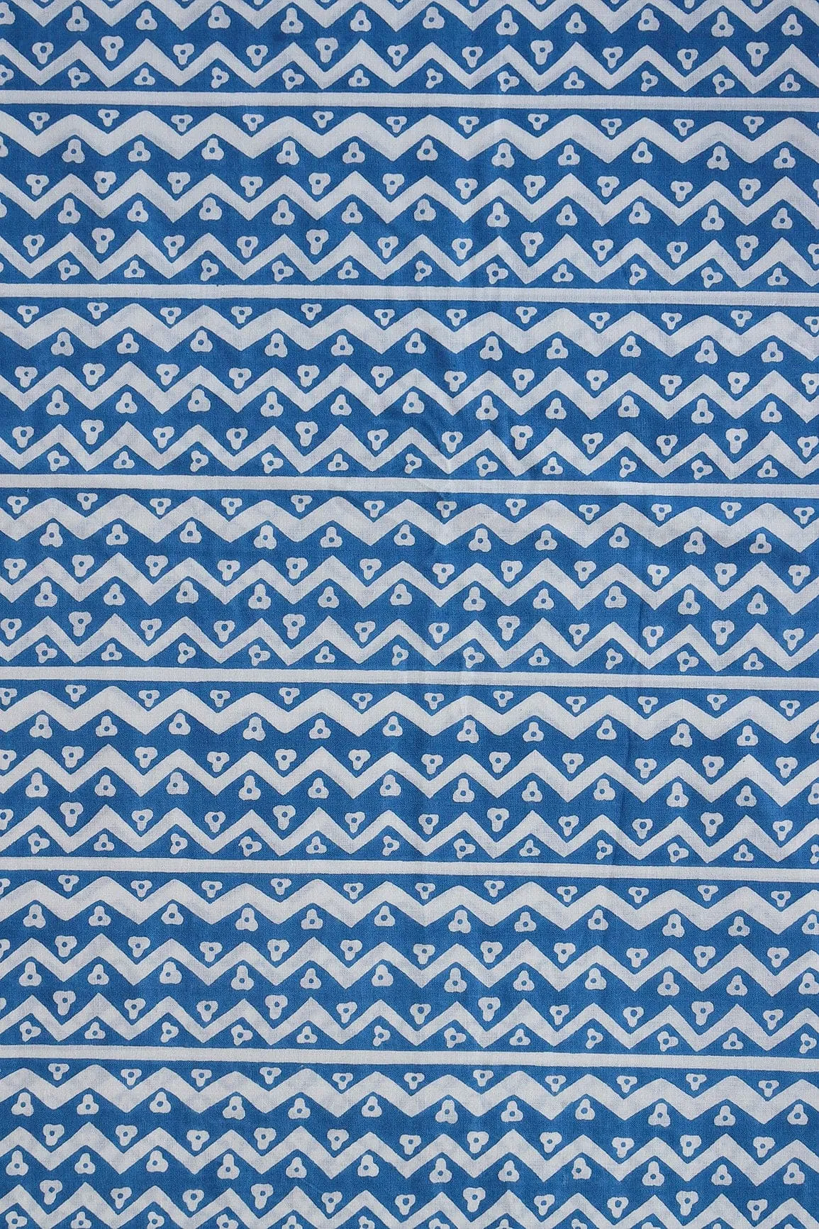 Cobalt Blue And White Chevron Pattern Print On Pure Cotton Fabric