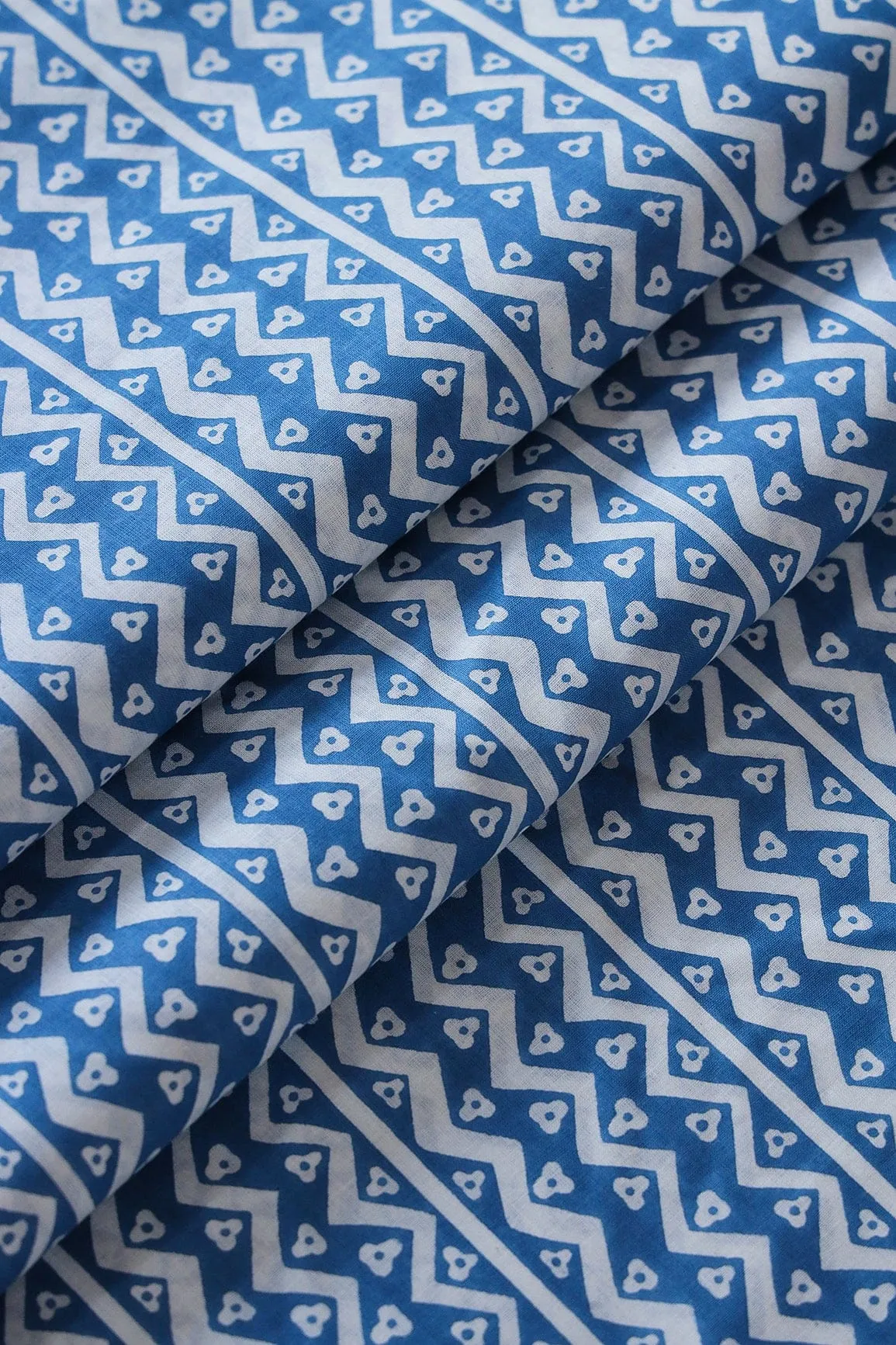 Cobalt Blue And White Chevron Pattern Print On Pure Cotton Fabric