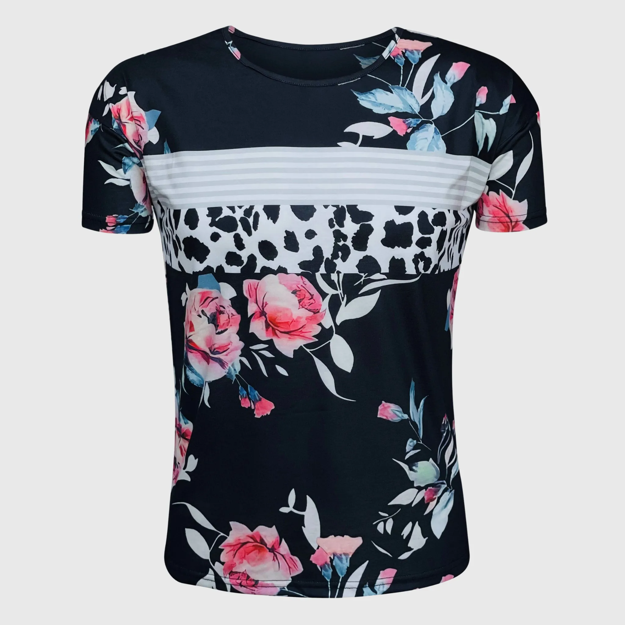 Floral Black Striped Cow Top