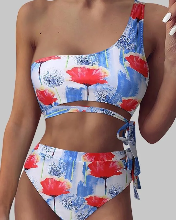 Floral Pritn One Shoulder Strappy Tanks With Panties Bikini Sets