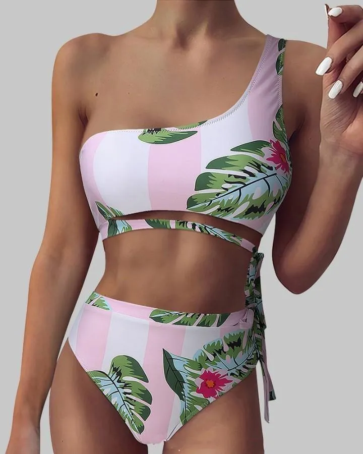 Floral Pritn One Shoulder Strappy Tanks With Panties Bikini Sets