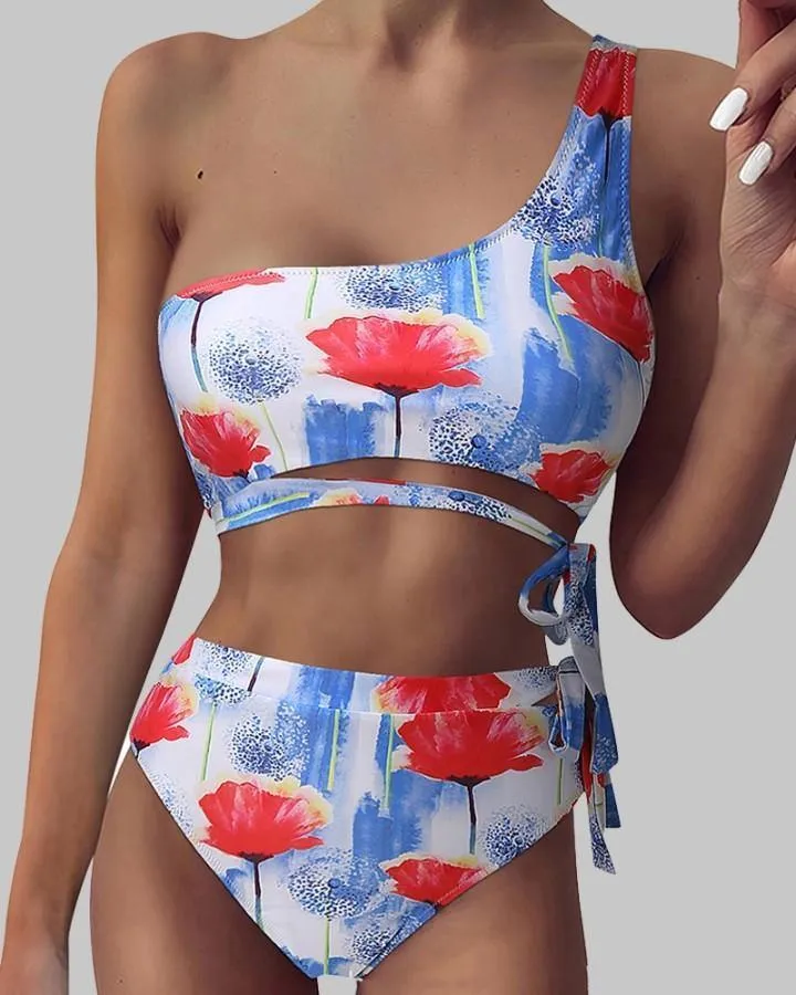 Floral Pritn One Shoulder Strappy Tanks With Panties Bikini Sets