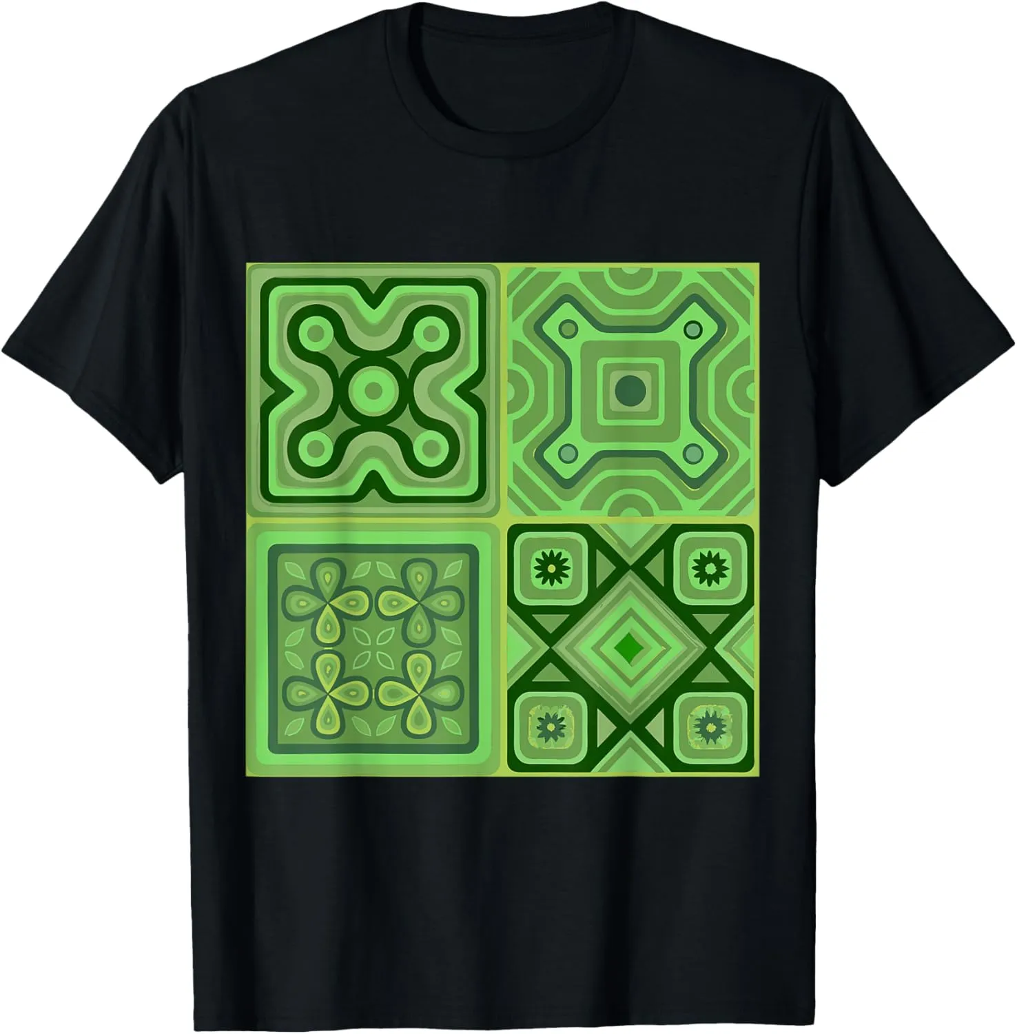 Geometric Squares Green Mediterranean Pattern T-Shirt