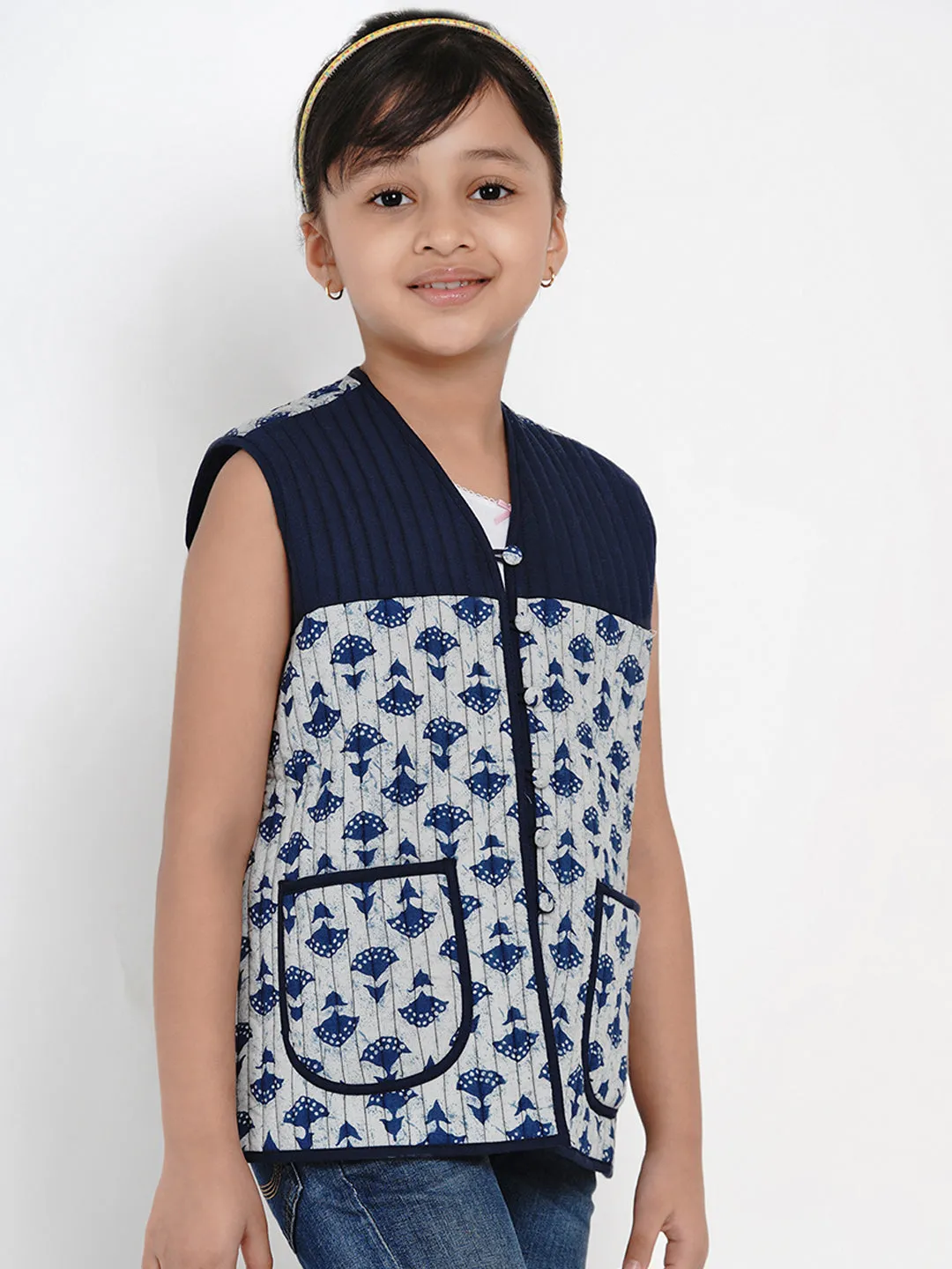 Girls Blue Printed Tailored Jacket - Bitiya By Bhama