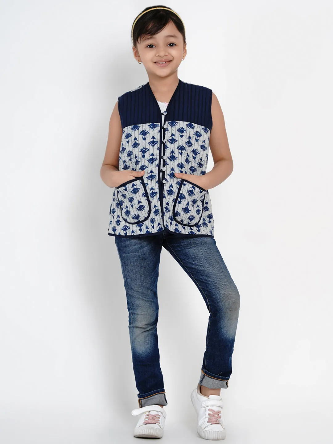 Girls Blue Printed Tailored Jacket - Bitiya By Bhama