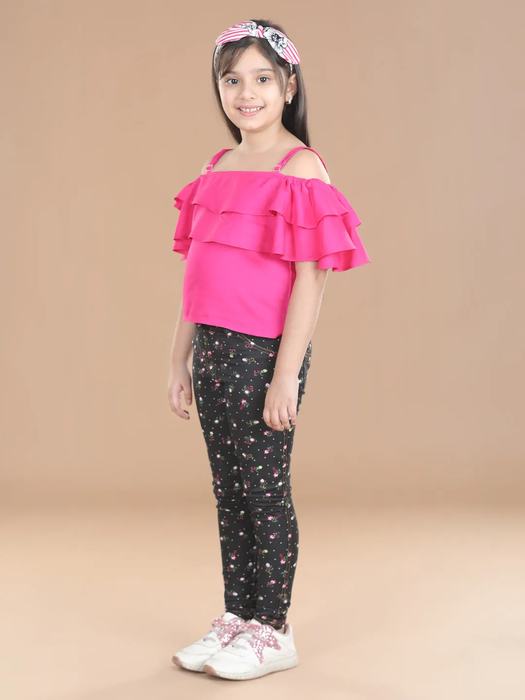 Girl's  Cotton Floral Printed Jegging And Pink Top Set - StyleStone Kid