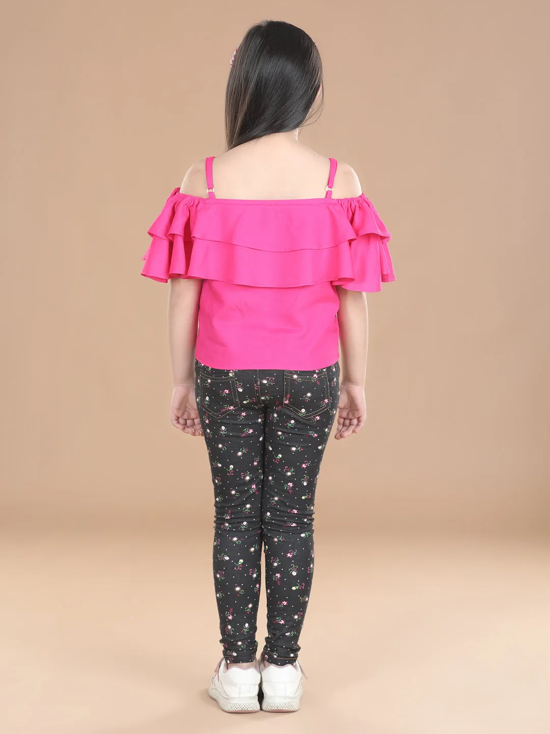 Girl's  Cotton Floral Printed Jegging And Pink Top Set - StyleStone Kid