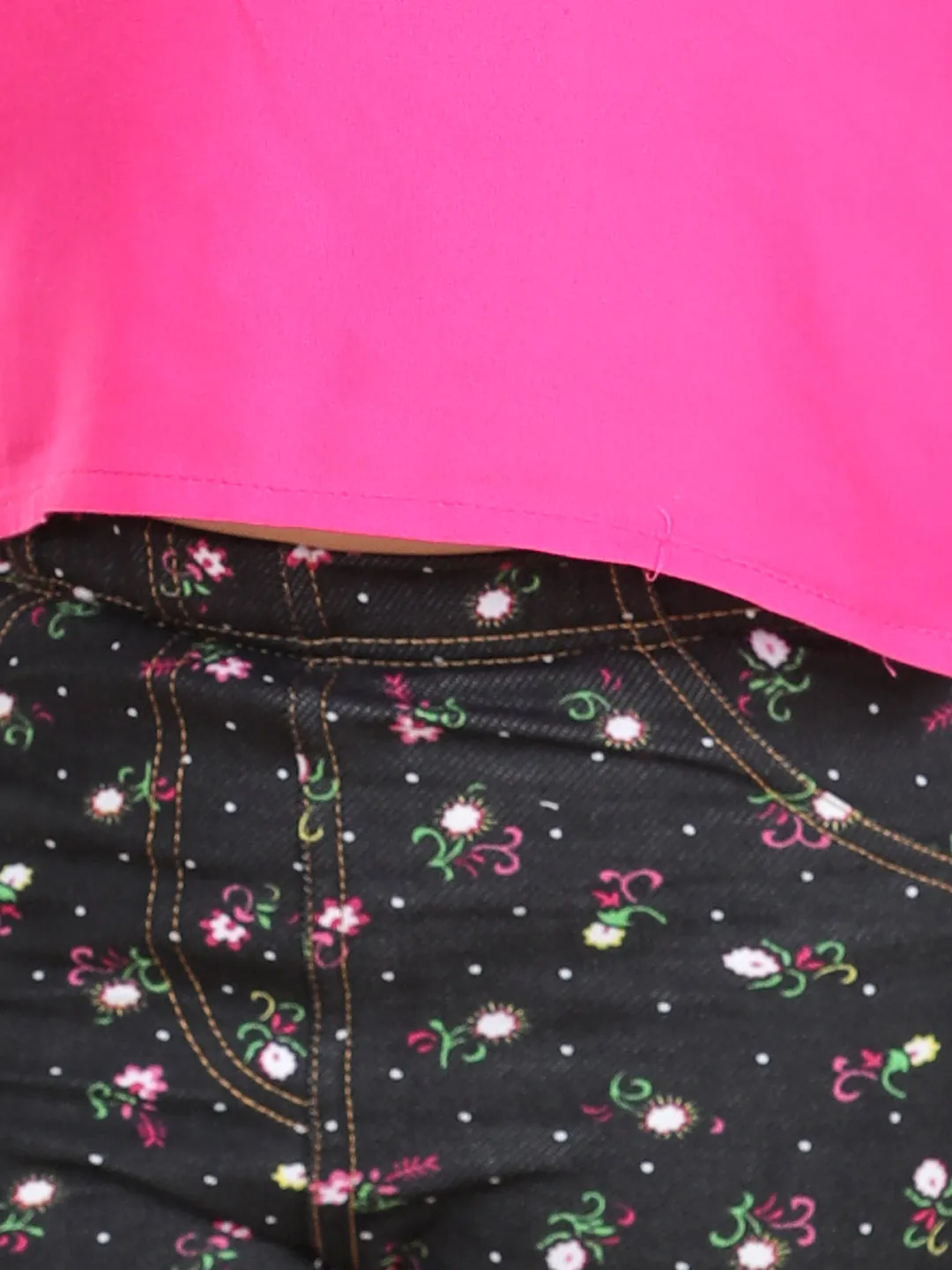 Girl's  Cotton Floral Printed Jegging And Pink Top Set - StyleStone Kid