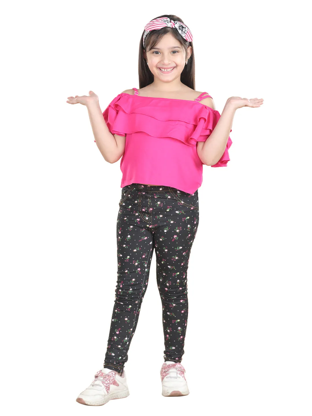 Girl's  Cotton Floral Printed Jegging And Pink Top Set - StyleStone Kid