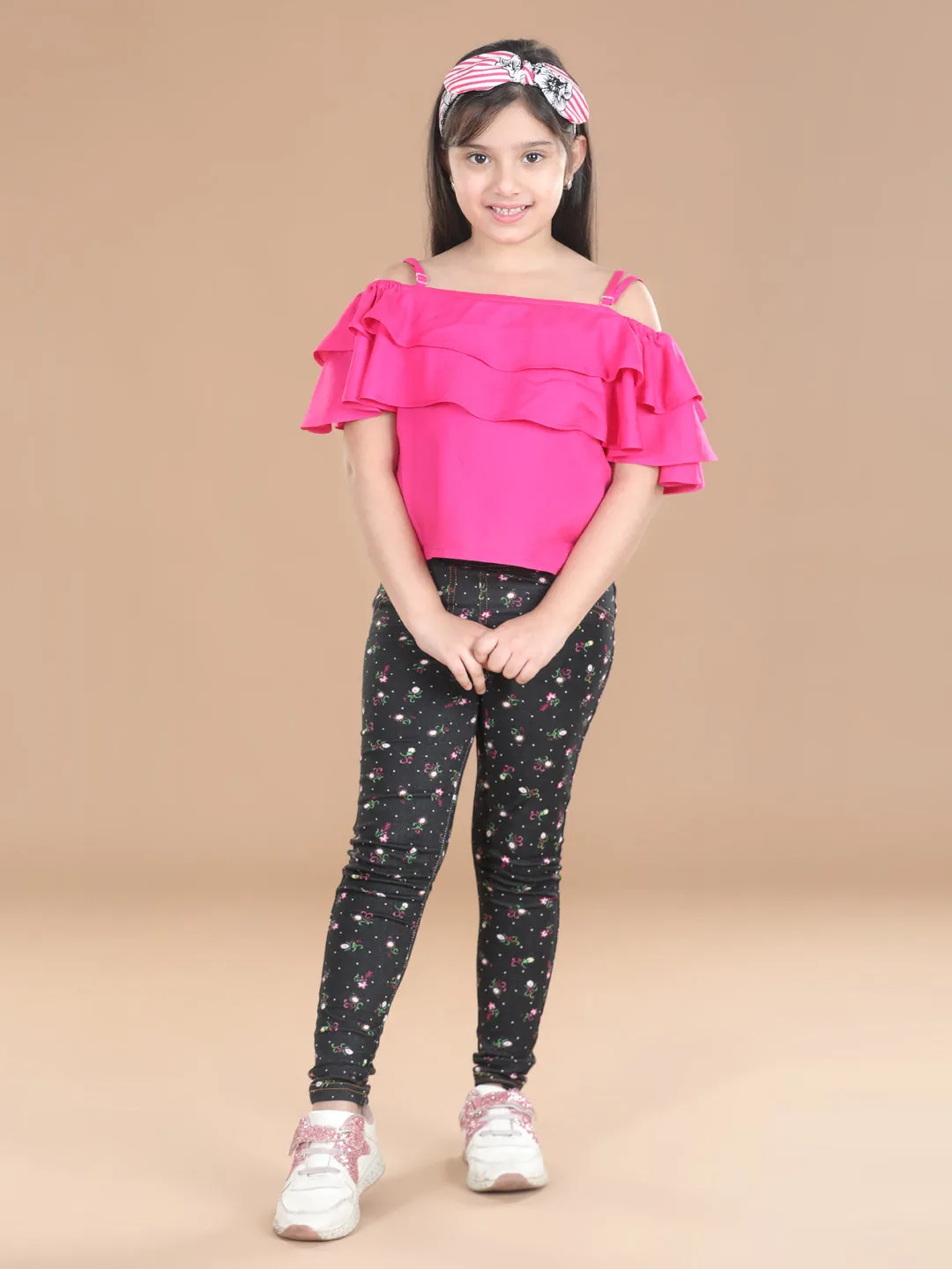 Girl's  Cotton Floral Printed Jegging And Pink Top Set - StyleStone Kid