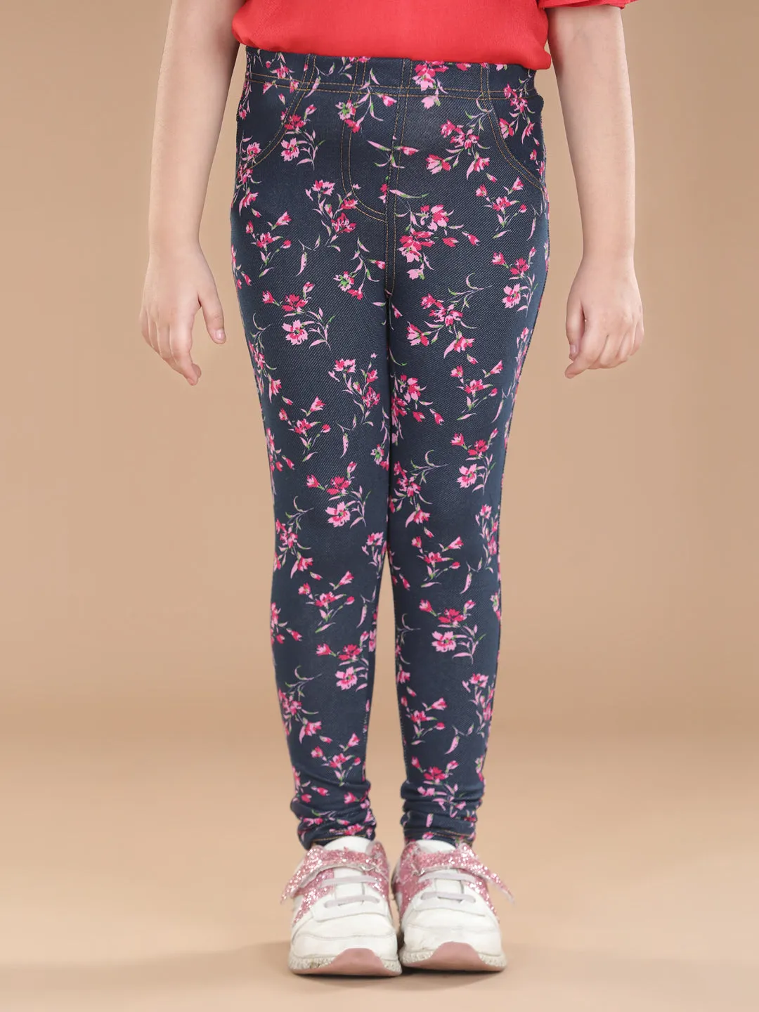 Girl's  Cotton Floral Printed Jegging And Pink Top Set - StyleStone Kid