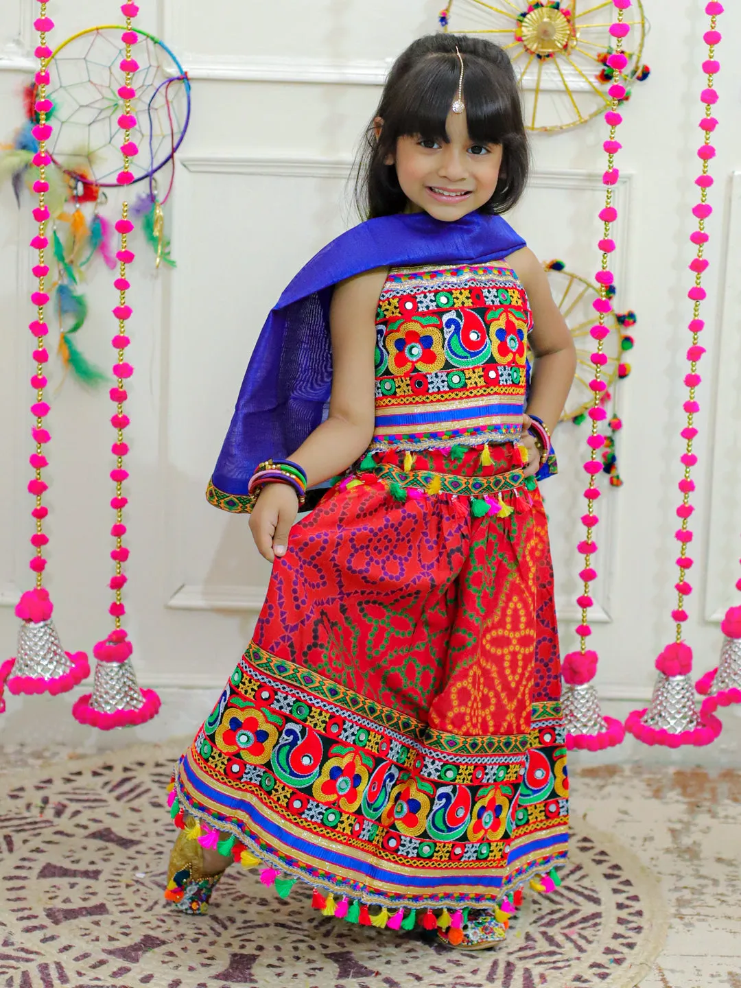 Girl's Cotton Red Lehenga Sets - Bownbee