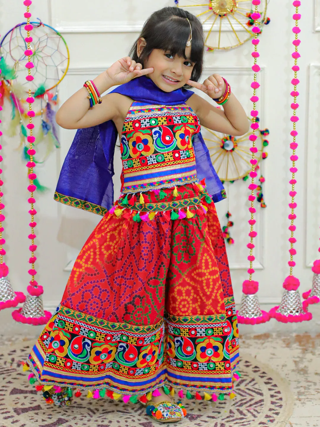 Girl's Cotton Red Lehenga Sets - Bownbee