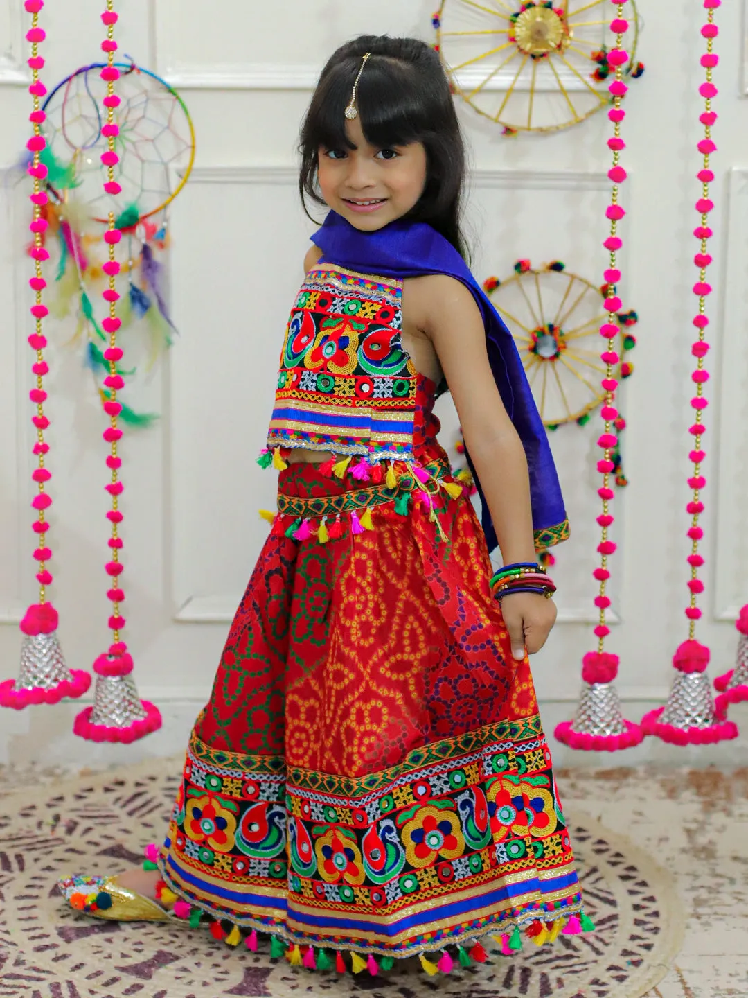 Girl's Cotton Red Lehenga Sets - Bownbee