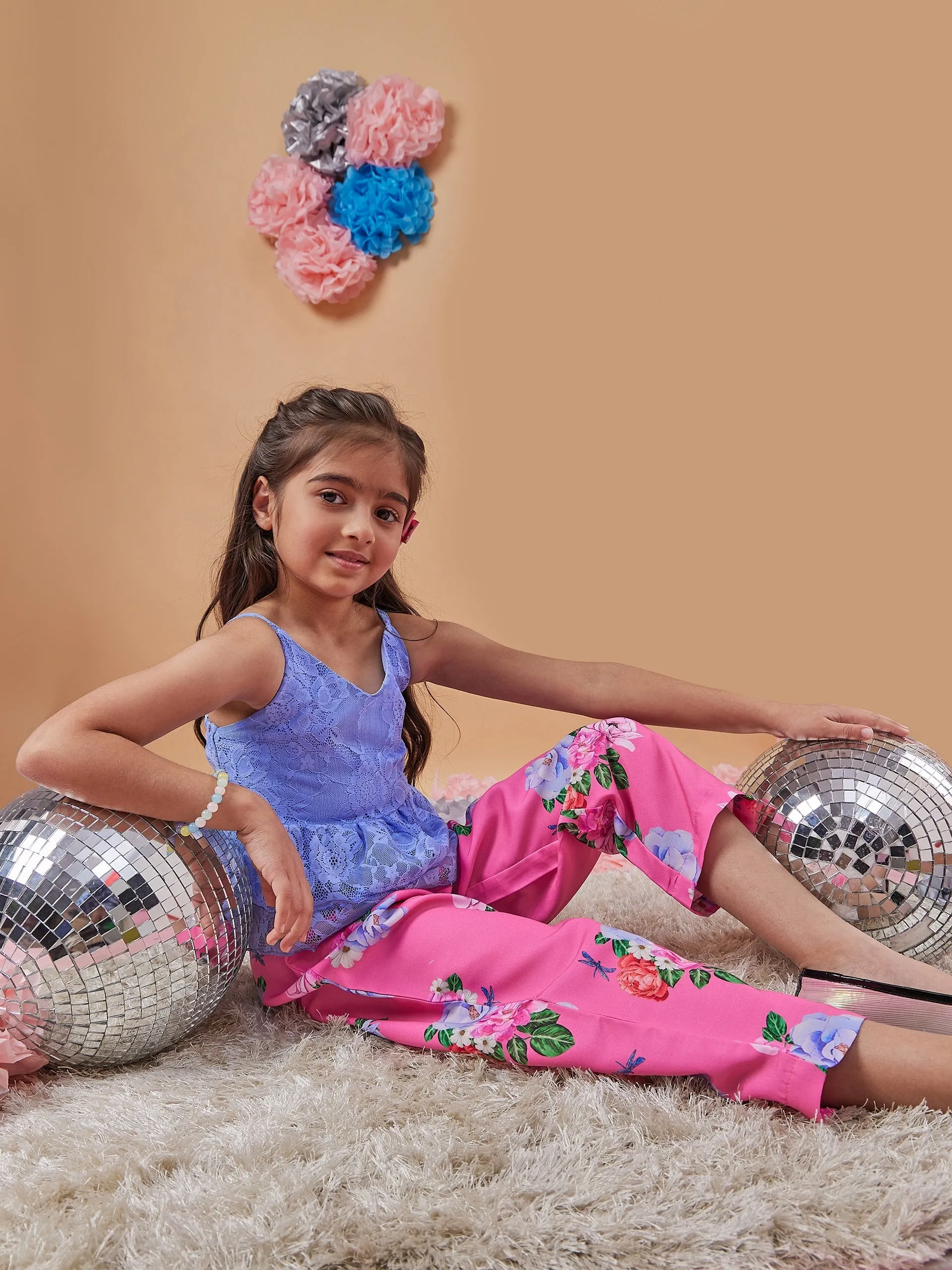 Girls Floral Printed Top With Trousers