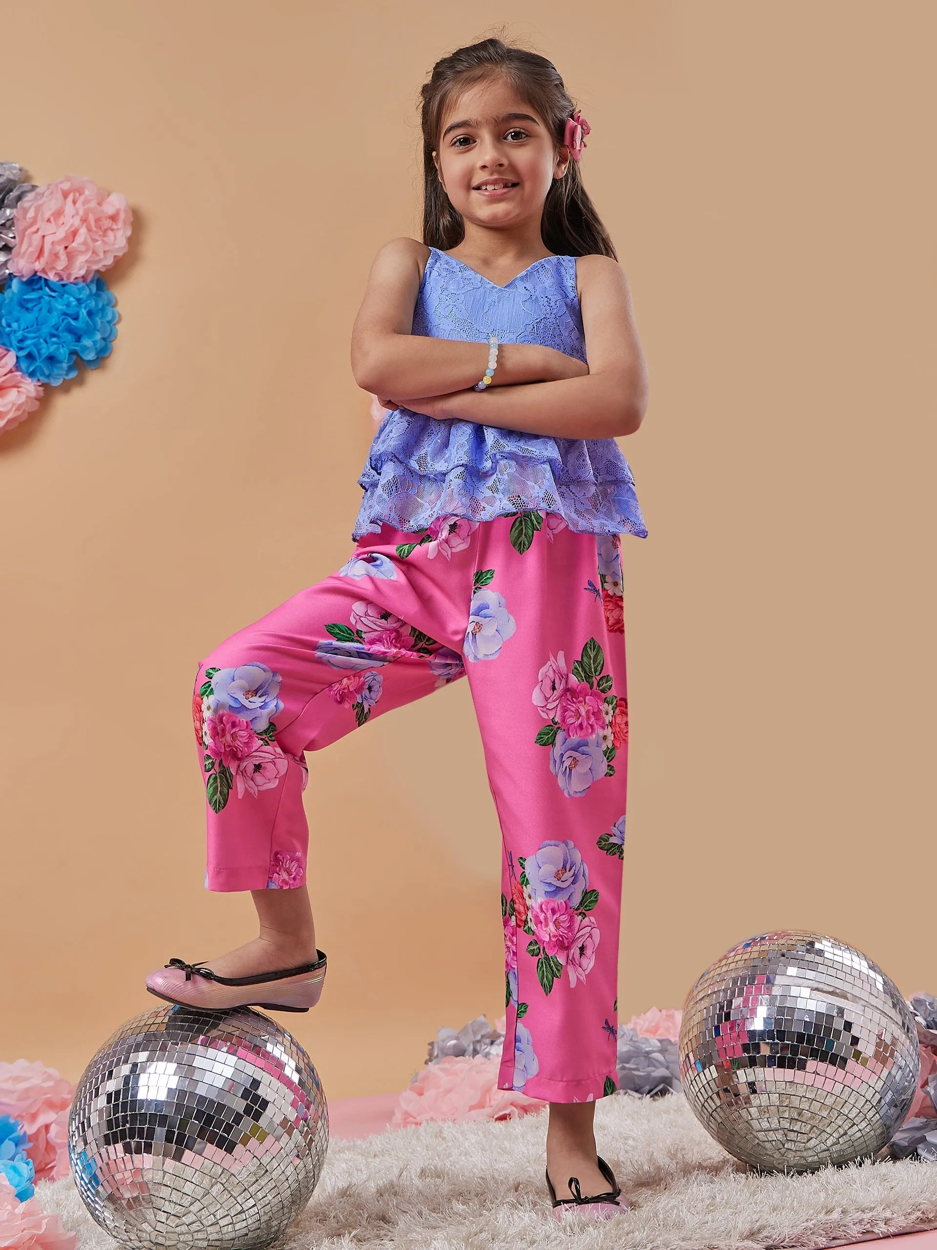Girls Floral Printed Top With Trousers