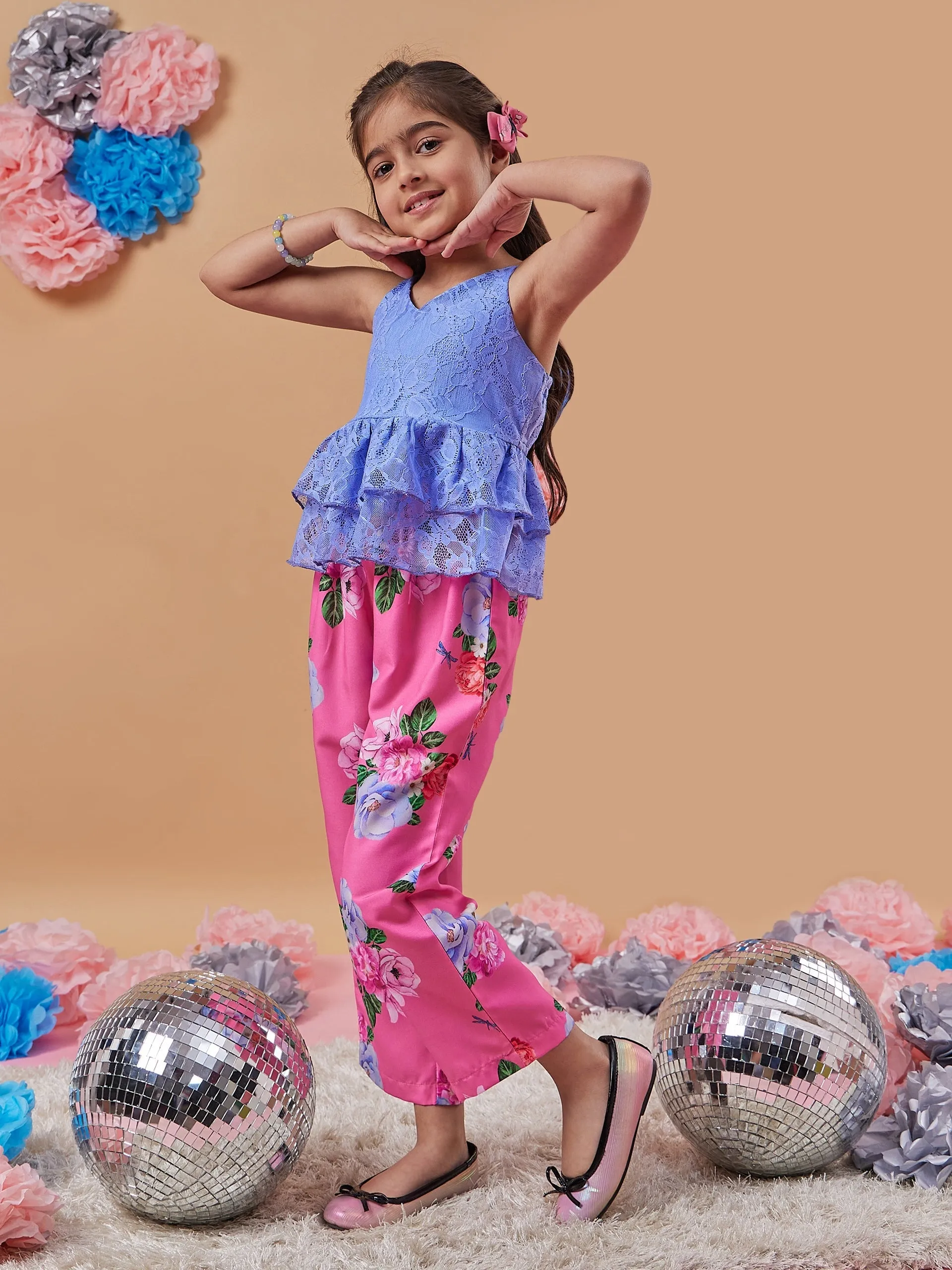Girls Floral Printed Top With Trousers