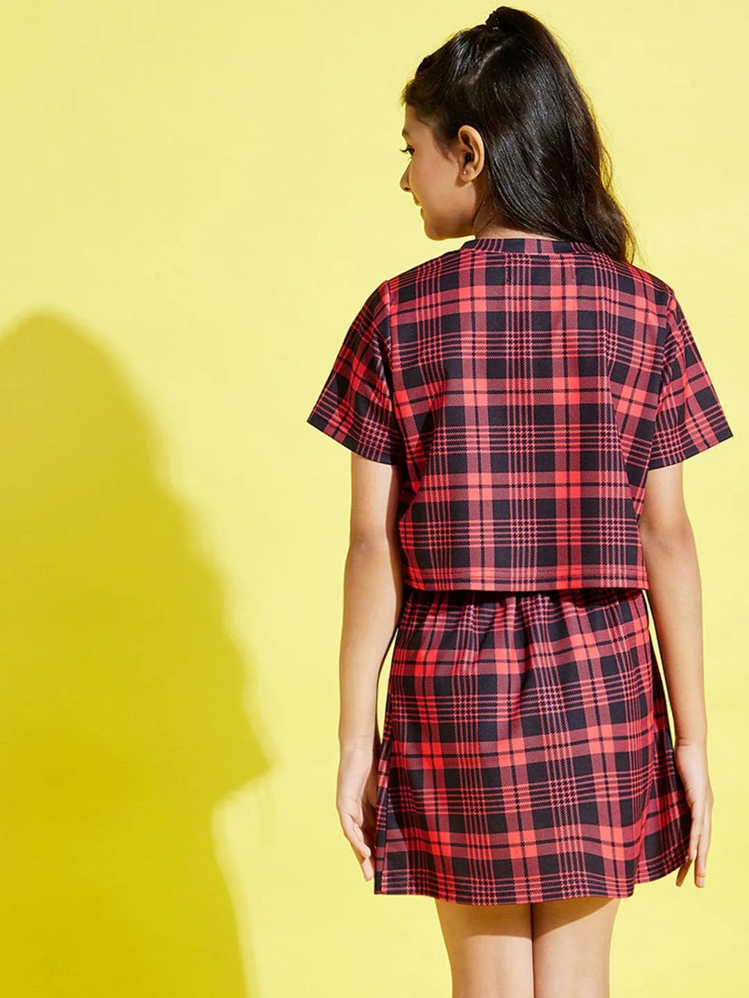 Girls Red & Black Check Crop Top With Skirt - Lyush Kids