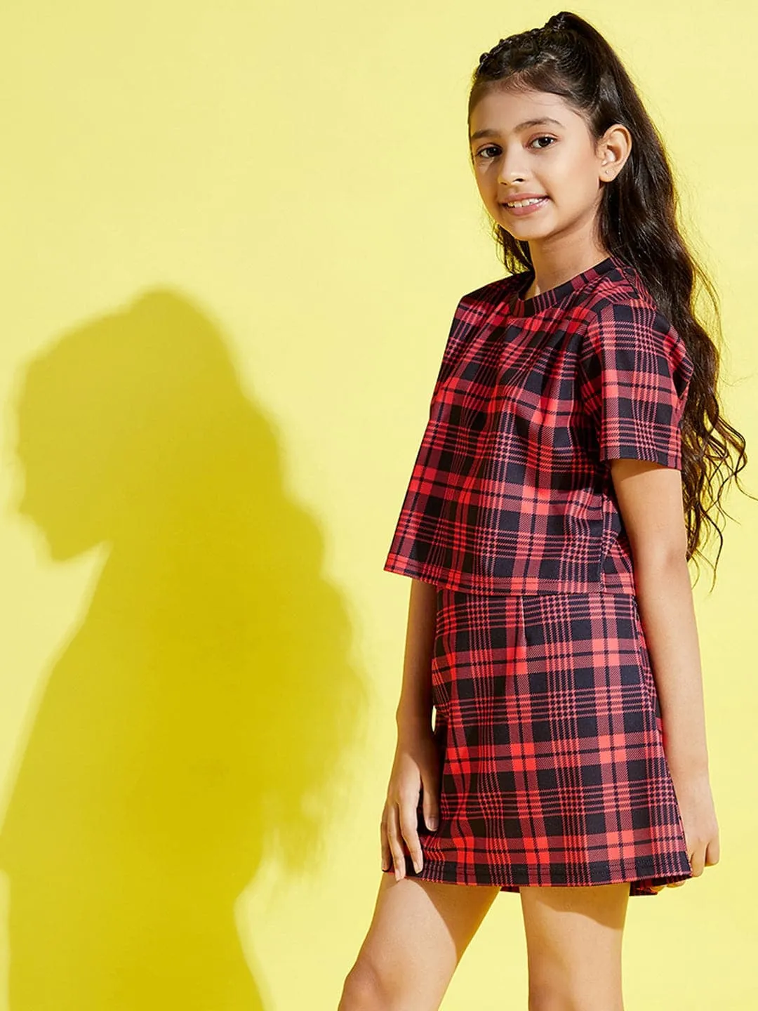Girls Red & Black Check Crop Top With Skirt - Lyush Kids