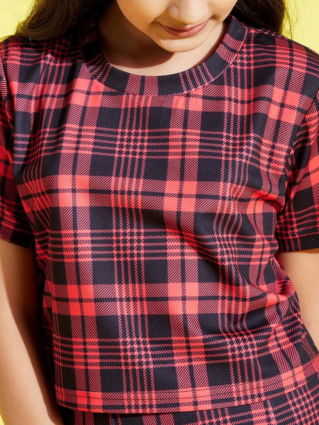 Girls Red & Black Check Crop Top With Skirt - Lyush Kids