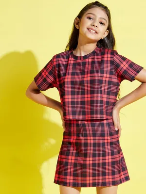 Girls Red & Black Check Crop Top With Skirt - Lyush Kids