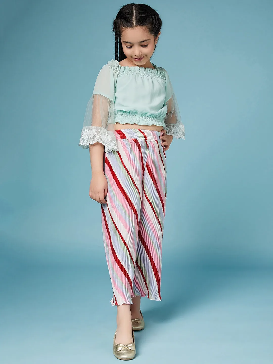 Girls Square Neck Top With Striped Palazzos - Ps Peaches