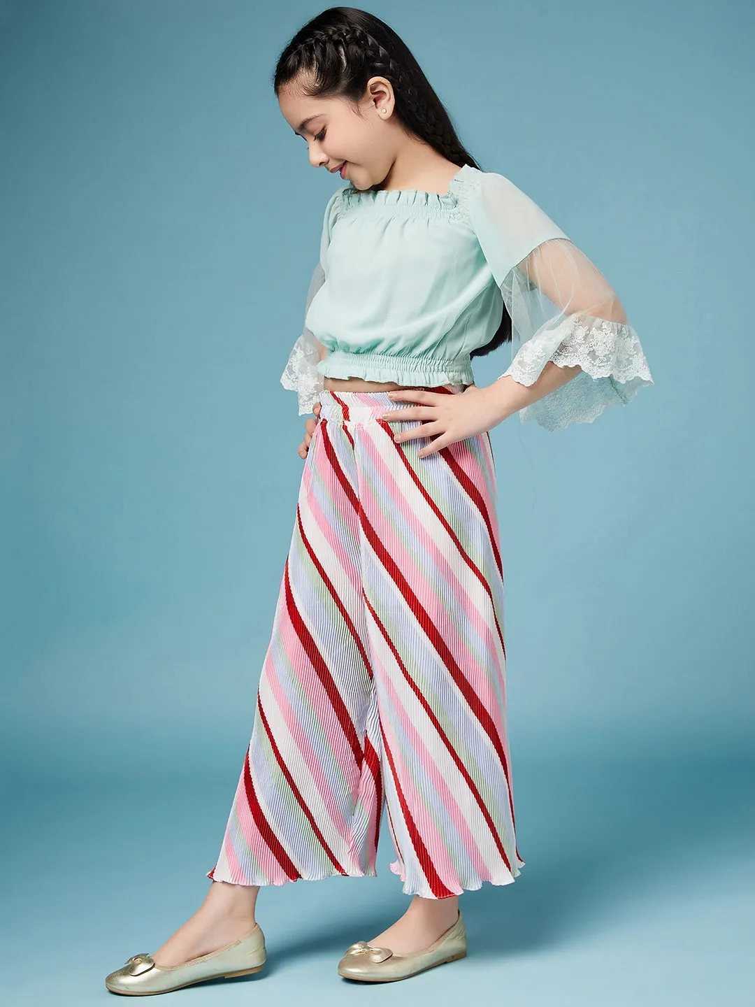 Girls Square Neck Top With Striped Palazzos - Ps Peaches
