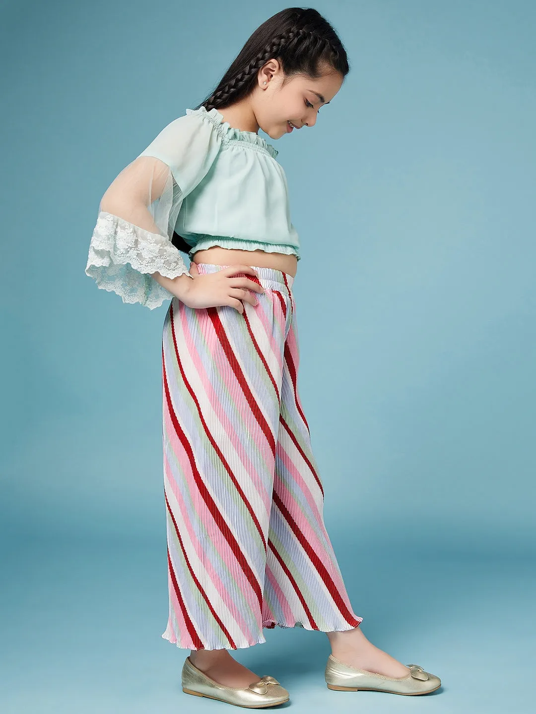 Girls Square Neck Top With Striped Palazzos - Ps Peaches