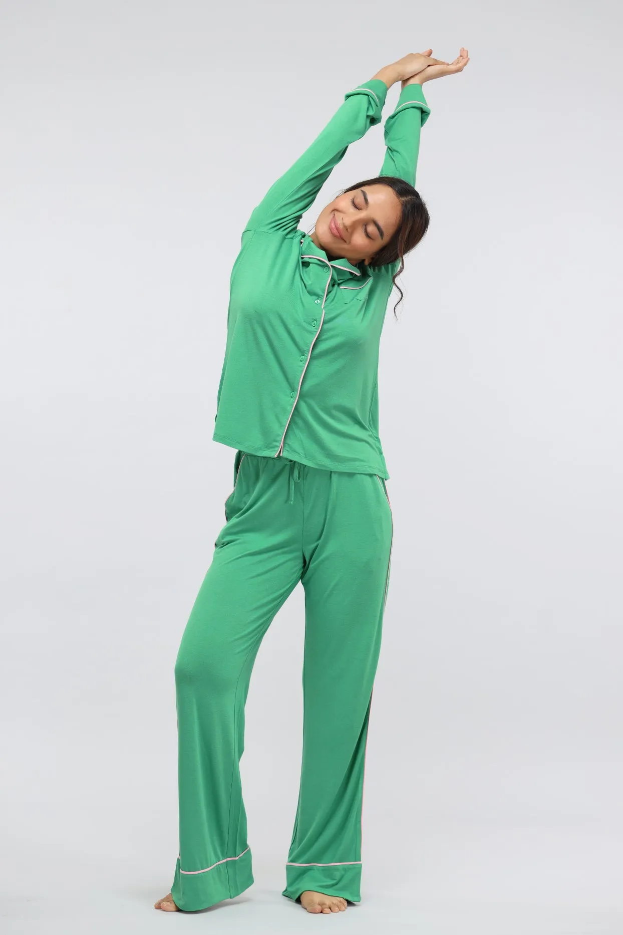 Green Bee Piping Full Sleeve Modal Pajama Set
