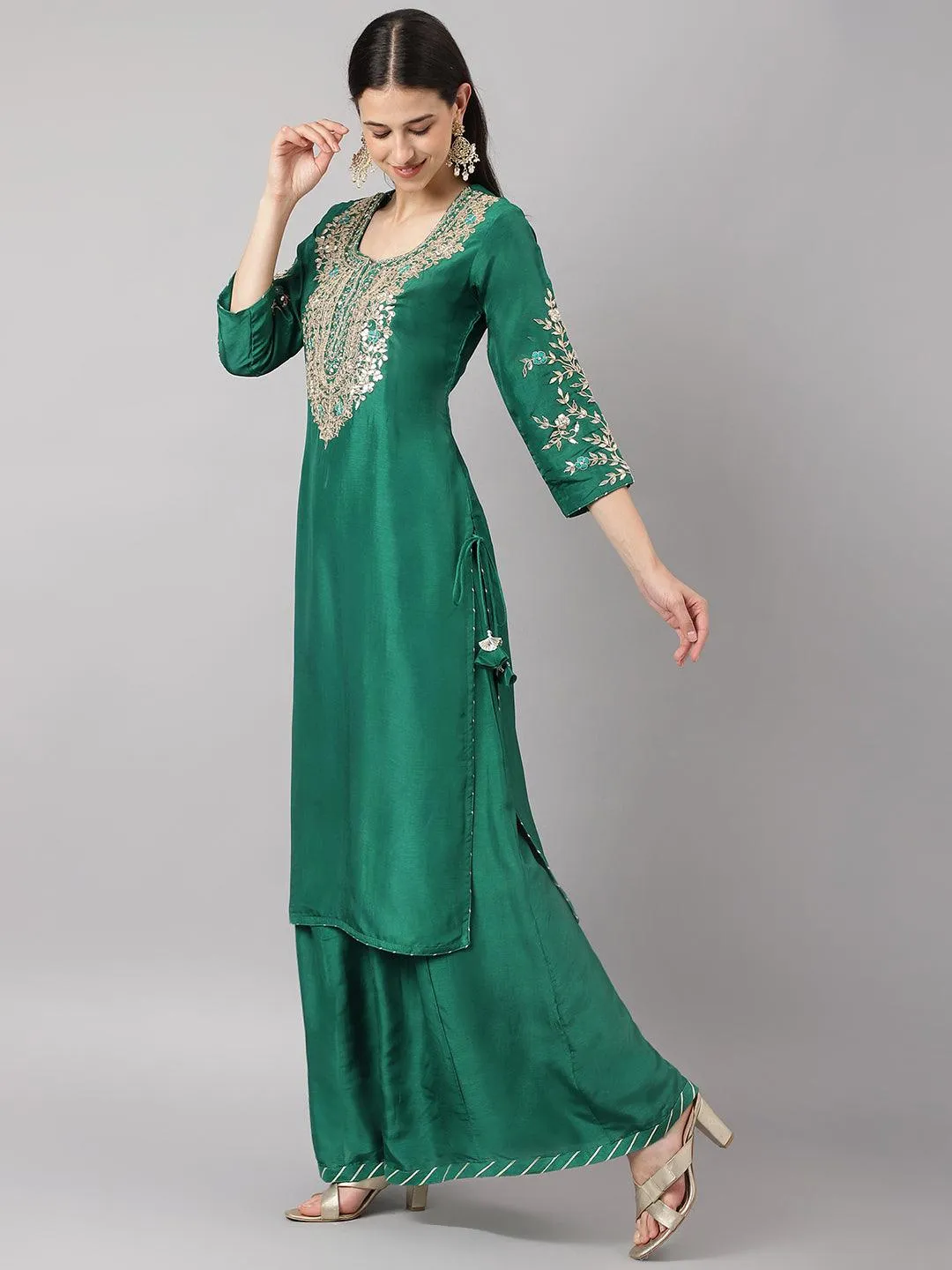 Green Uppada Silk Hand Embroidery Kurta Sharara With Organza Dupatta