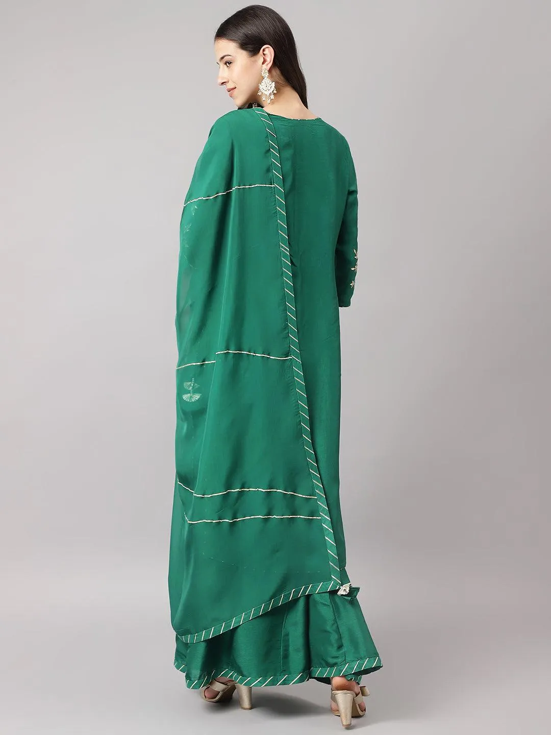 Green Uppada Silk Hand Embroidery Kurta Sharara With Organza Dupatta