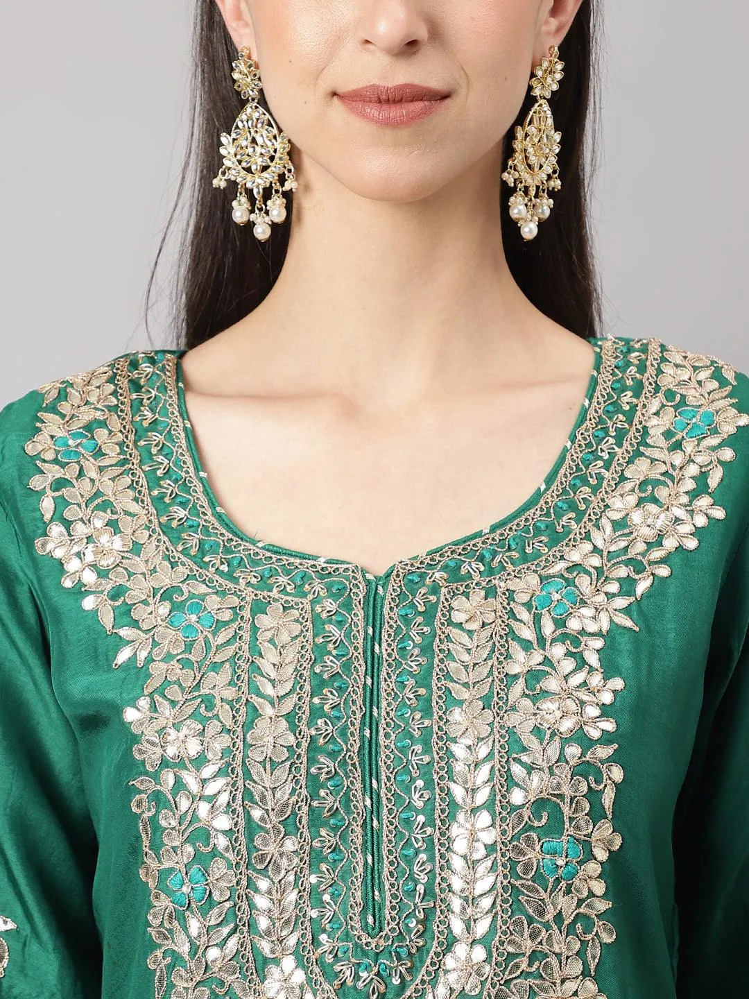 Green Uppada Silk Hand Embroidery Kurta Sharara With Organza Dupatta