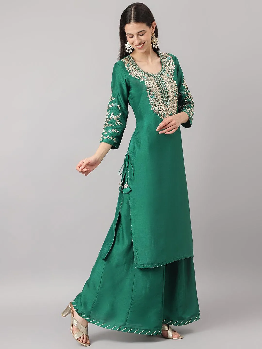 Green Uppada Silk Hand Embroidery Kurta Sharara With Organza Dupatta