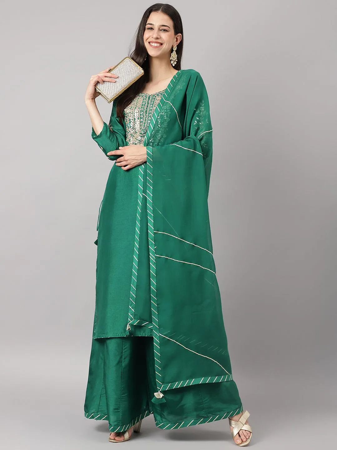 Green Uppada Silk Hand Embroidery Kurta Sharara With Organza Dupatta