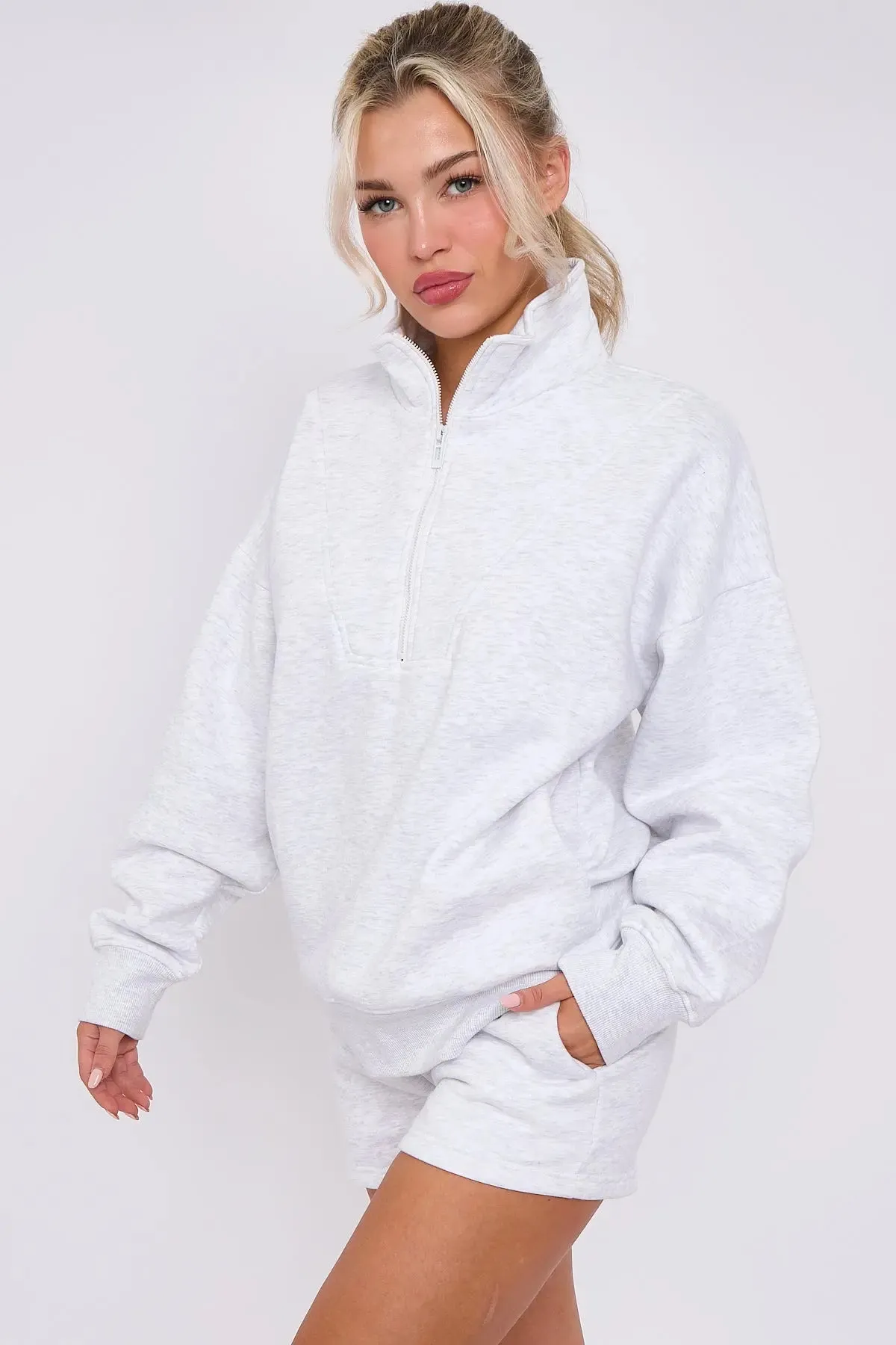 Half Zip Sweat Shirt Top And Shorts Loungewear Set in Fleece