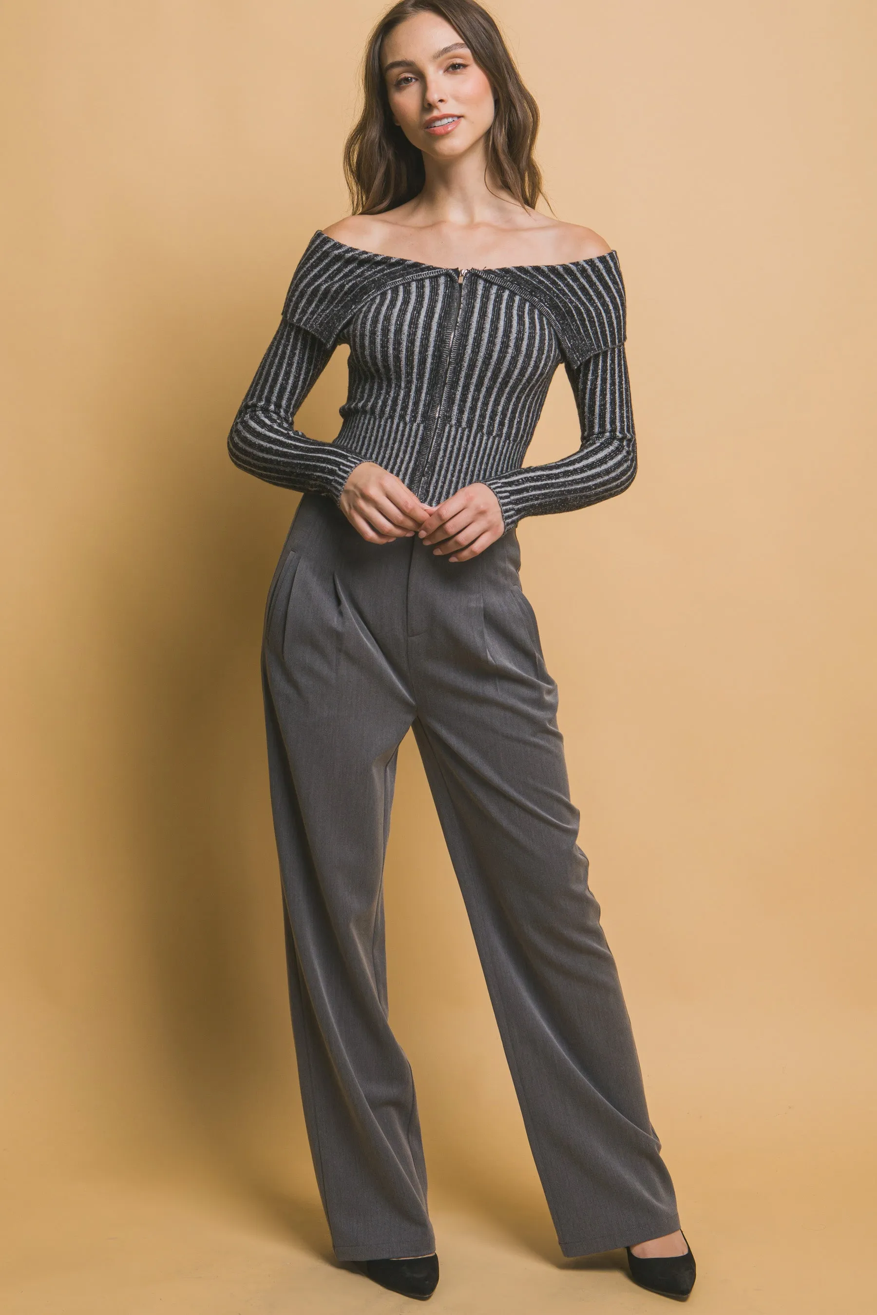 Hot Girl Bardot Contrast Ribbed Zippered Long Sleeve Top In Black