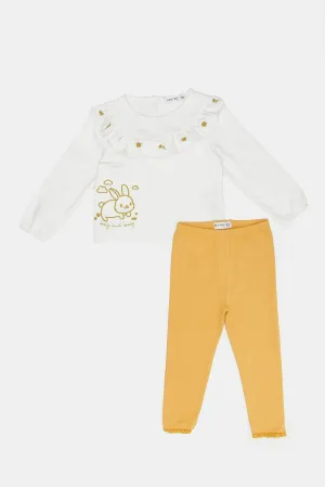 Infant Girls White And Mustard Casual Set (2 Piece)