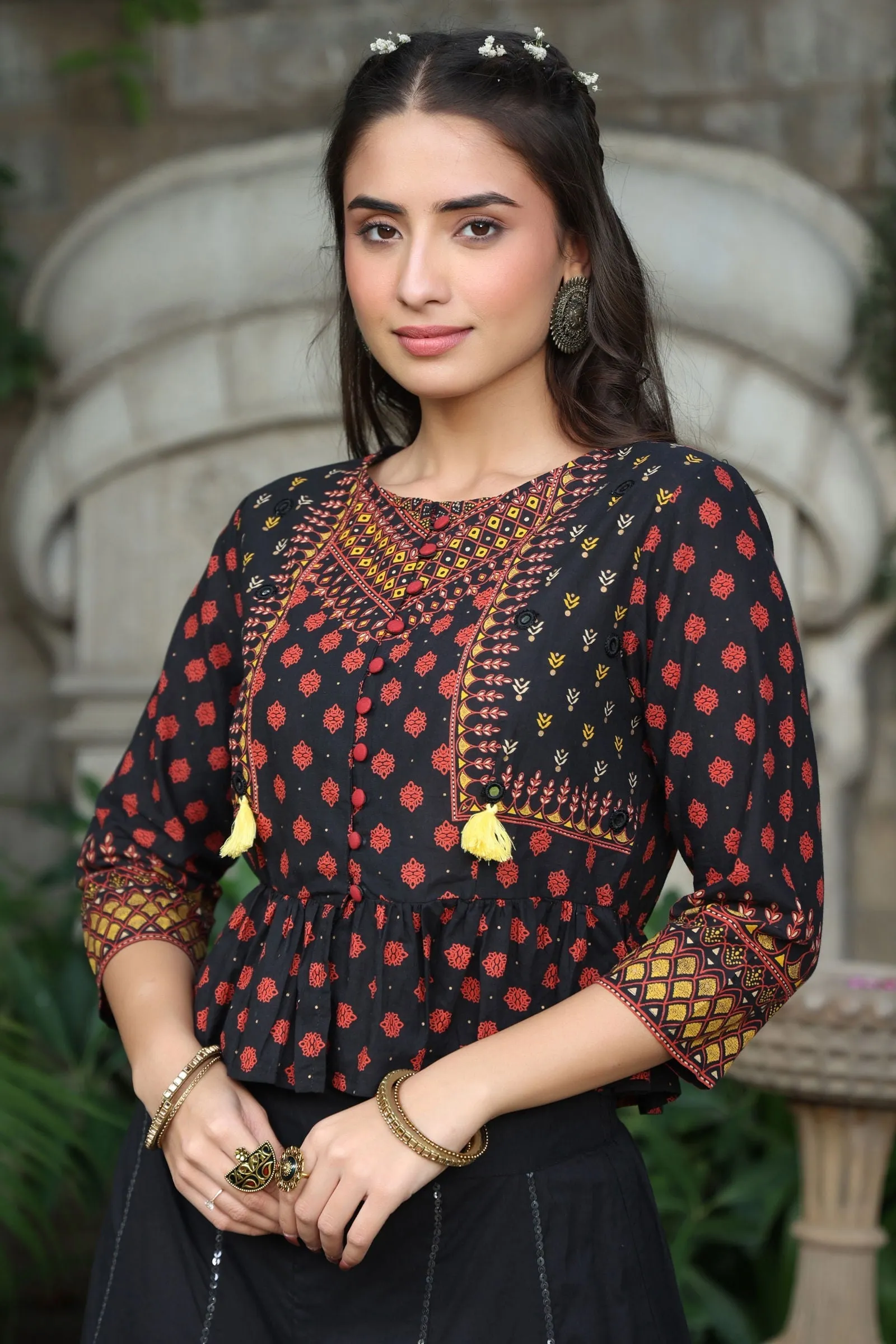 Jashvi Black Ethnic Motif Printed Pure Cotton Peplum Co-Ord Set With Tassels