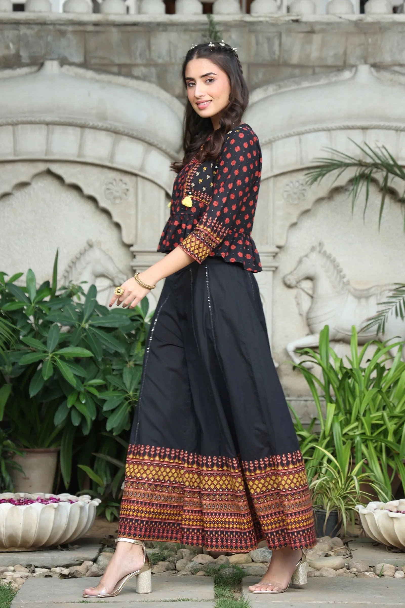 Jashvi Black Ethnic Motif Printed Pure Cotton Peplum Co-Ord Set With Tassels