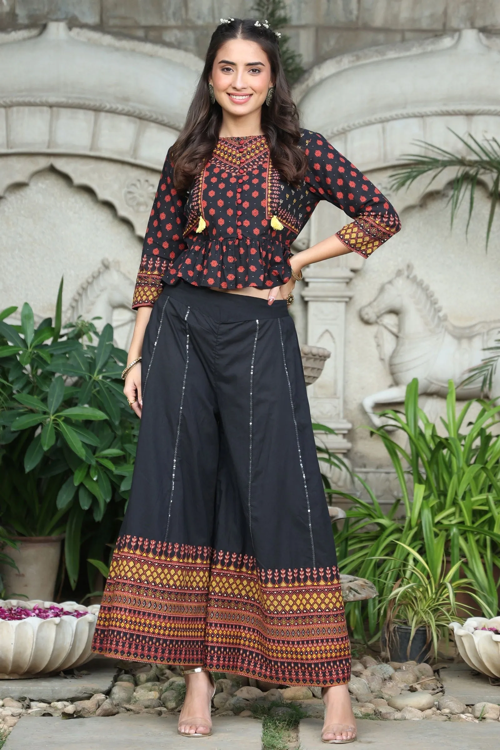 Jashvi Black Ethnic Motif Printed Pure Cotton Peplum Co-Ord Set With Tassels