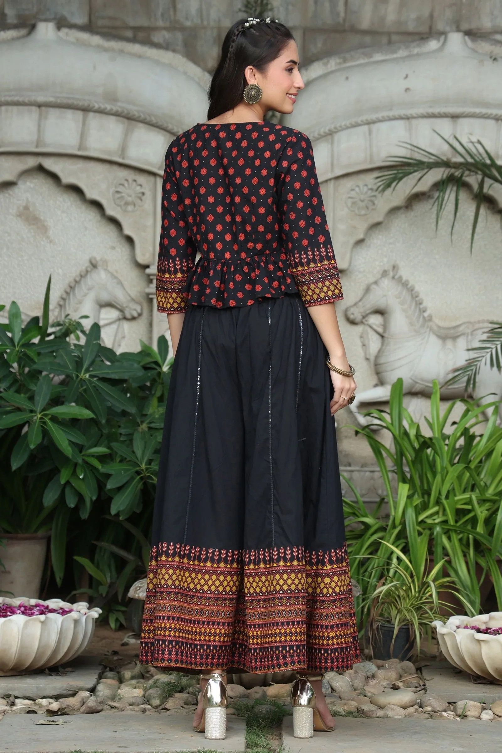 Jashvi Black Ethnic Motif Printed Pure Cotton Peplum Co-Ord Set With Tassels