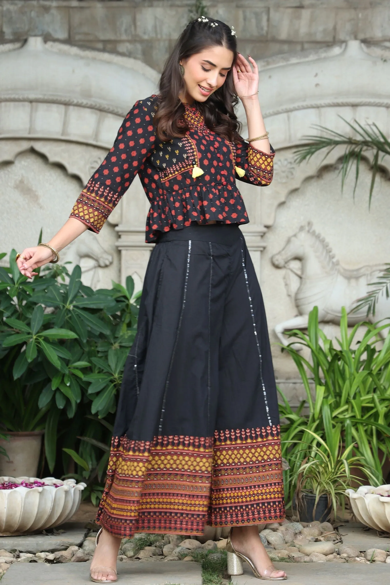 Jashvi Black Ethnic Motif Printed Pure Cotton Peplum Co-Ord Set With Tassels