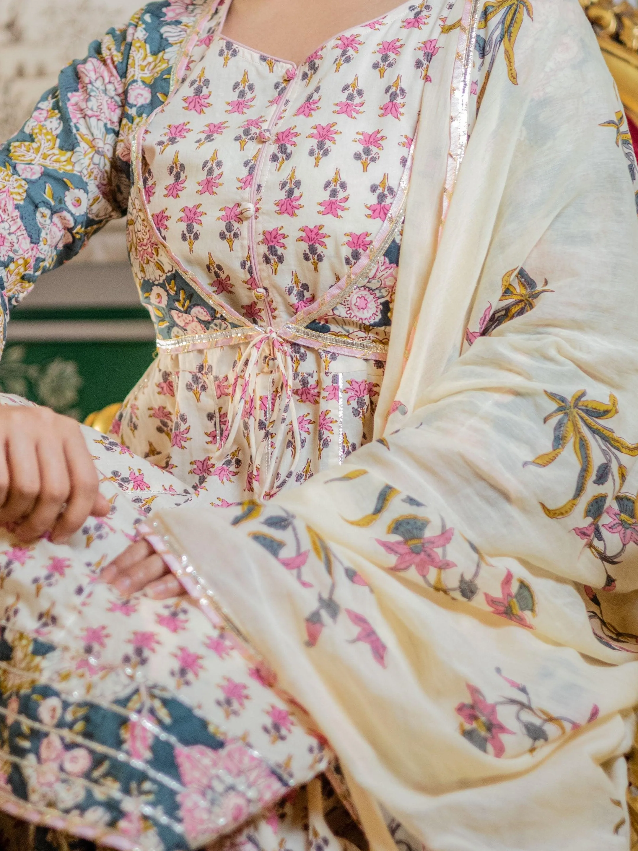 Jashvi Cream Floral Printed Kurta Sharara With Dupatta Set